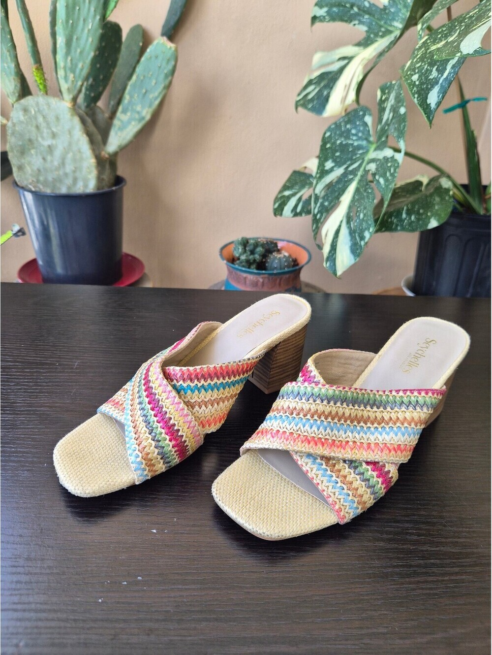 Seychelles Multicolor Woven Raffia Block Heel Slide Sandals Size 8.5